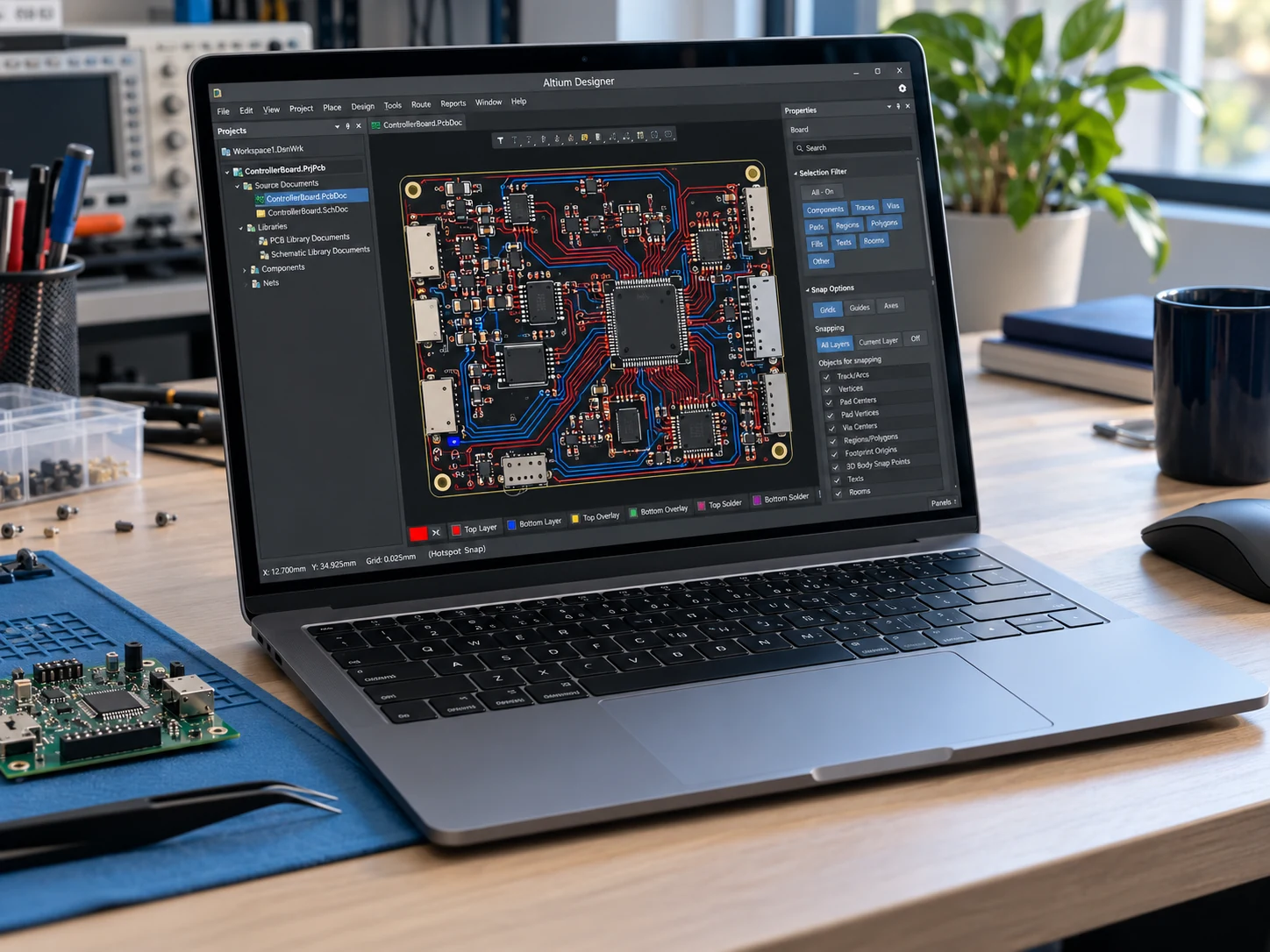 Laptop met een PCB-ontwerp in Altium Designer op een elektronica-werkplek